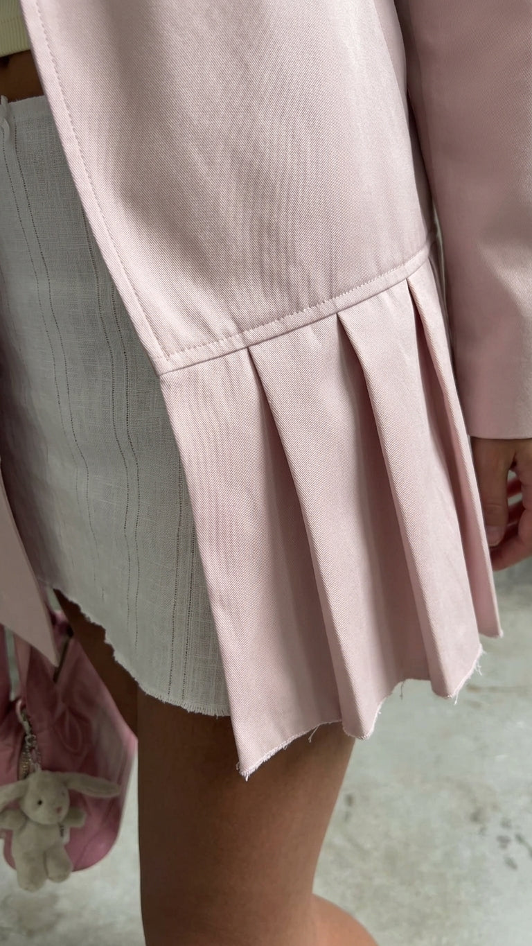 Pink Reverie Summer Pleated Jacket Pink Jacket with Asymmetric silhouette and Textured texture, additional styling view for Weekend Styling, a Palm Springs weekend, US Coastal Glam by Mesadic
