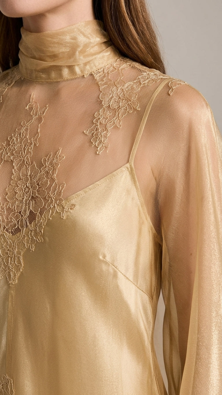 Gold Charm Evening Lace Maxi Dress Gold Maxi Dress with Asymmetric silhouette and Textured texture, additional styling view for Date Night, a gallery opening in Paris, Euro Chic Premium by Mesadic