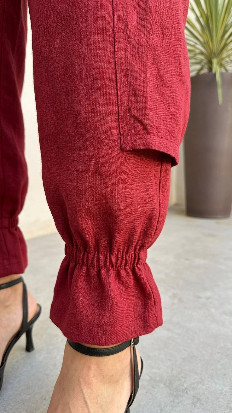 Rust Grace Resort Ruffled Pant Set Rust Pant Set with Asymmetric silhouette and Linen Blend texture, additional styling view for Resort Wear, a Palm Springs weekend, US Coastal Glam by Mesadic