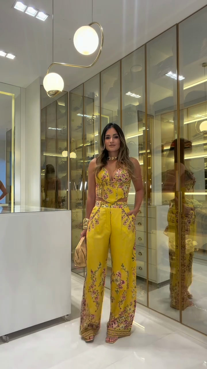 Gold floral print top and wide-leg pants set