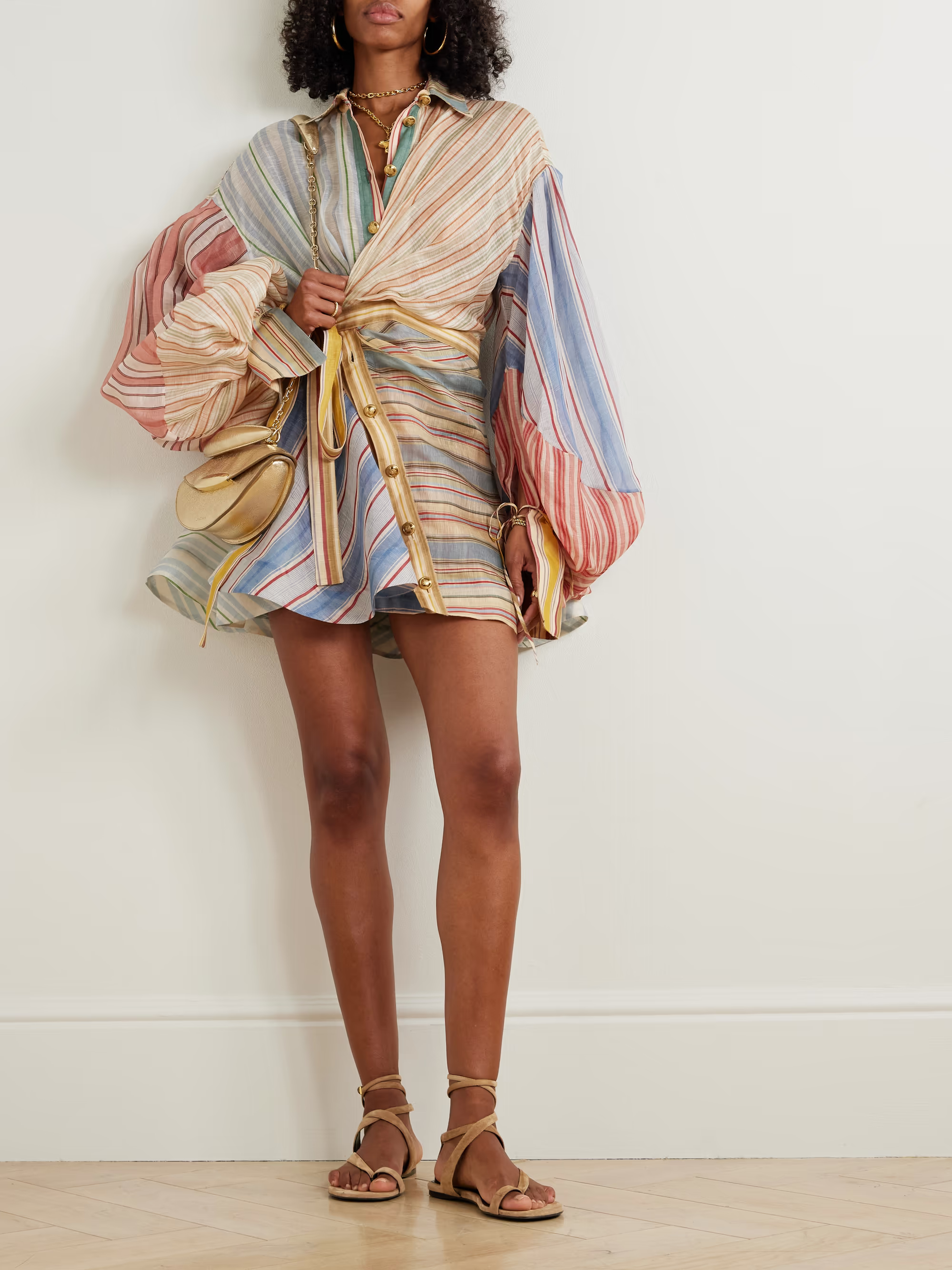 Striped Linen Wrap Mini Dress