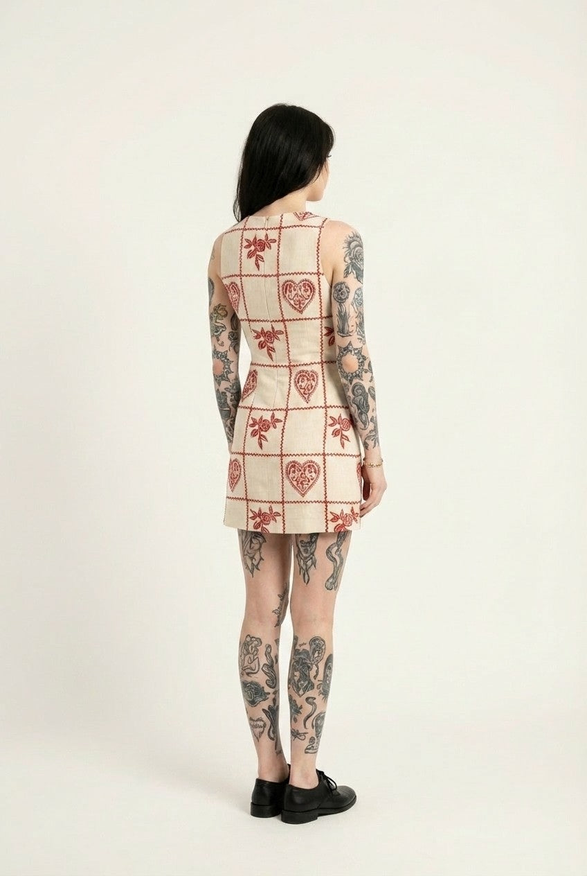 Embroidered Canvas Mini Dress Heart Rose Pattern Vintage Vibe