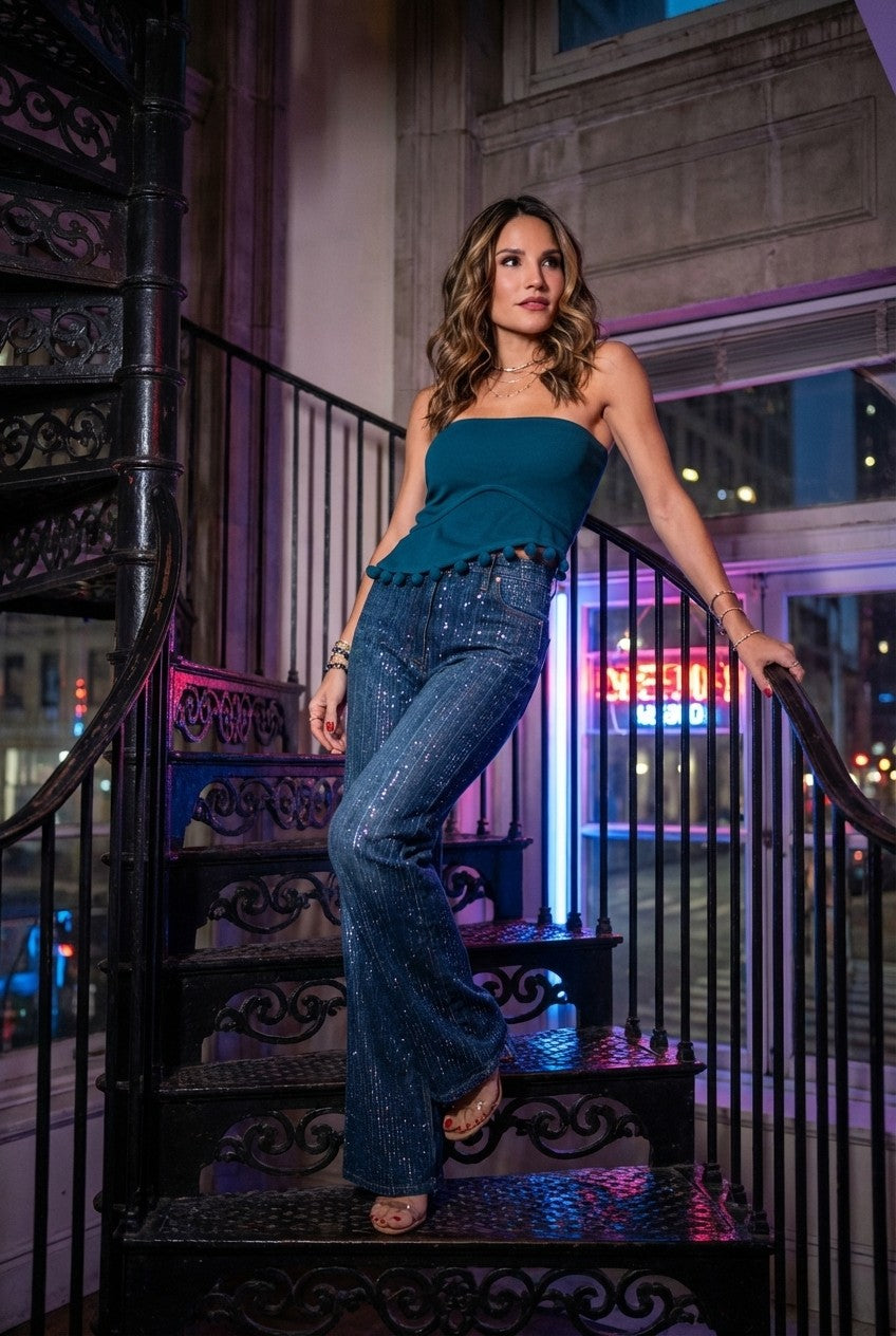 Ribbed Strapless Pom-Pom Top & Sequin Wide-Leg Denim Pants
