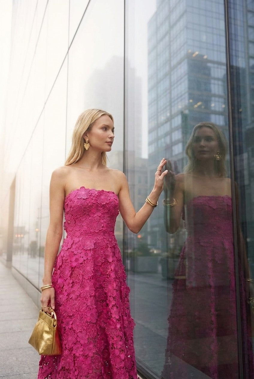 3D Floral Lace Strapless Midi Dress, Elegant A-Line Evening Style