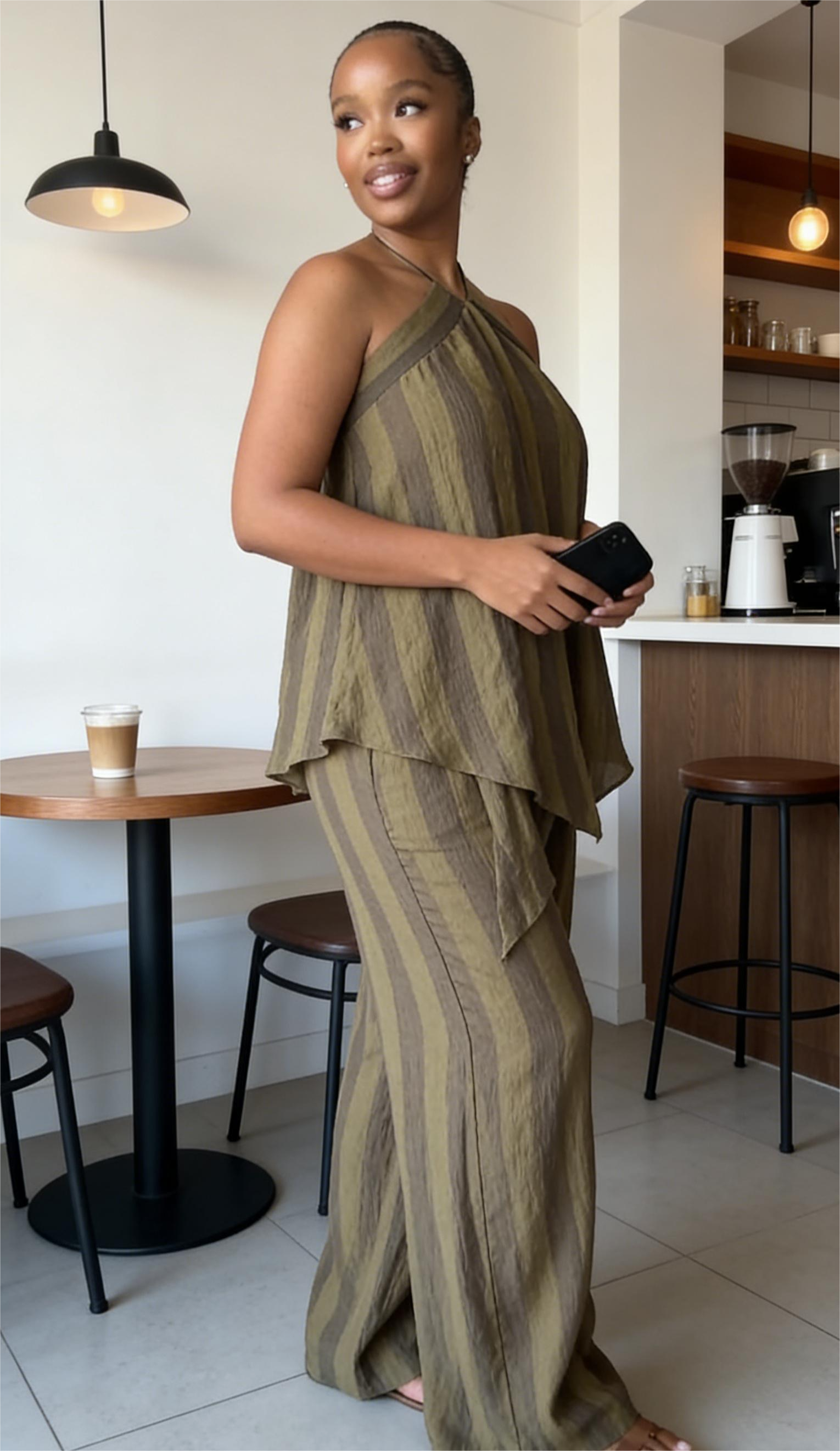 Olive green pleated backless top and wide-leg pants set-Mesadic