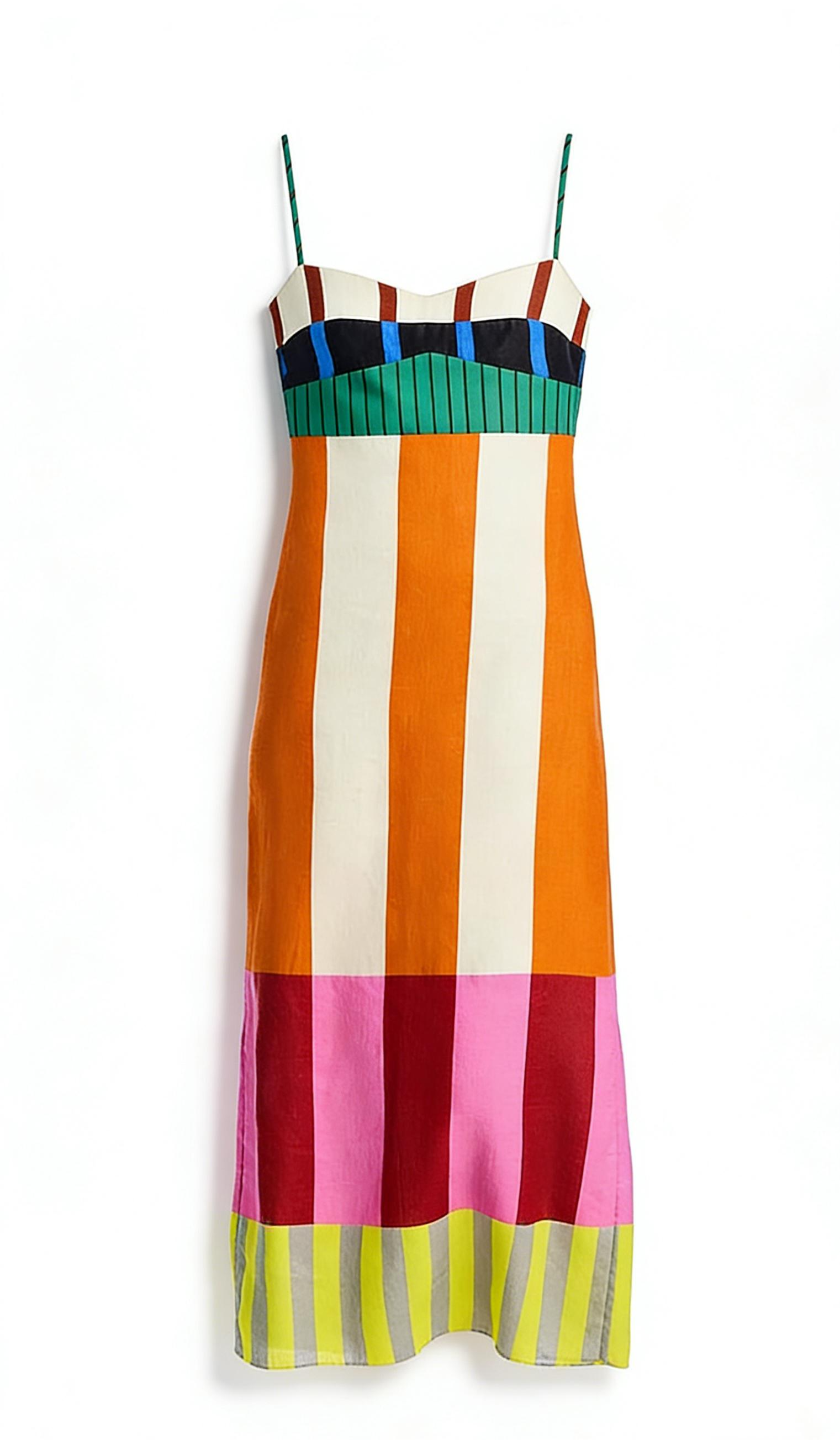 Color-blocked striped backless midi dress-Mesadic