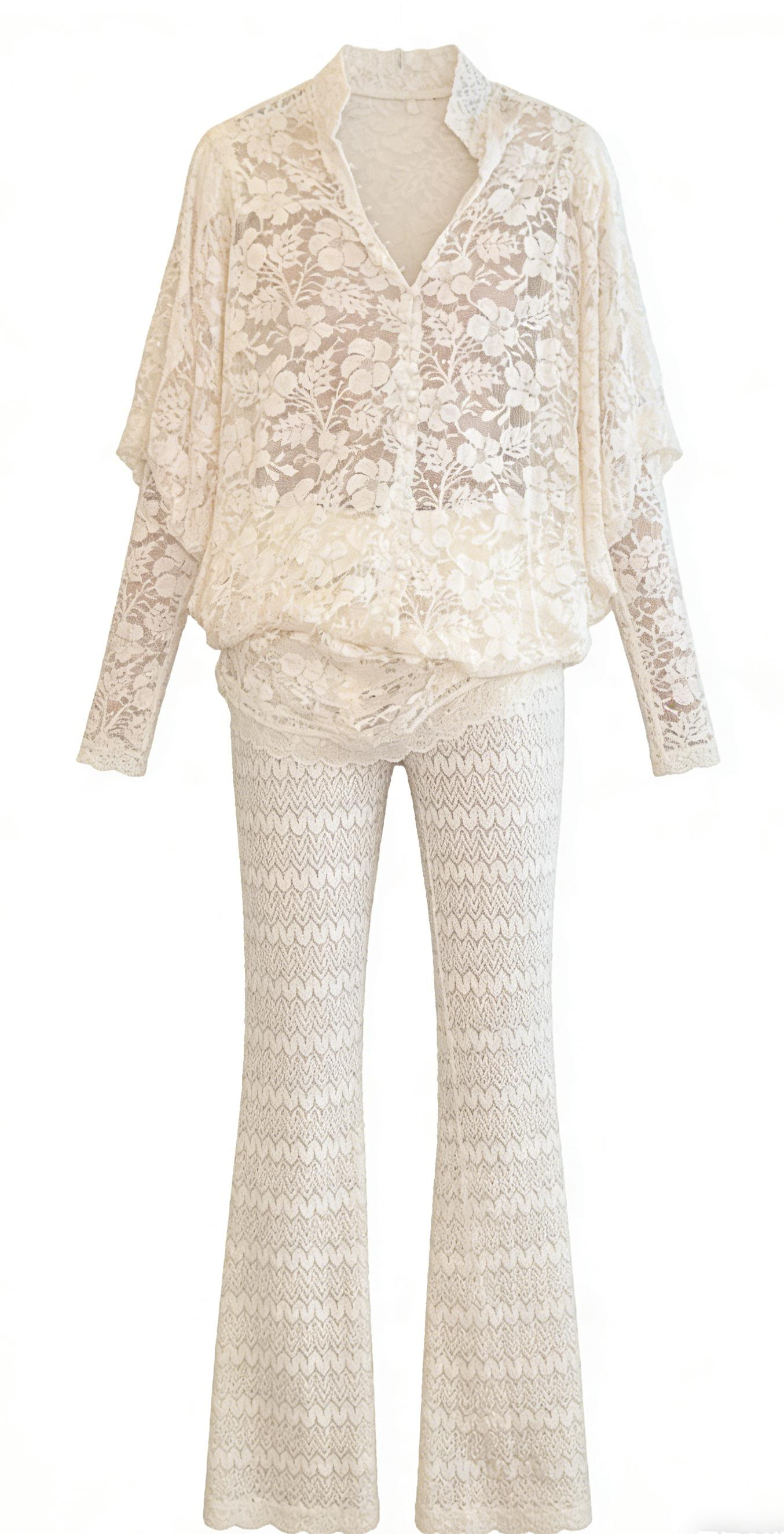 Ivory floral lace top and crochet flared pants set-Mesadic