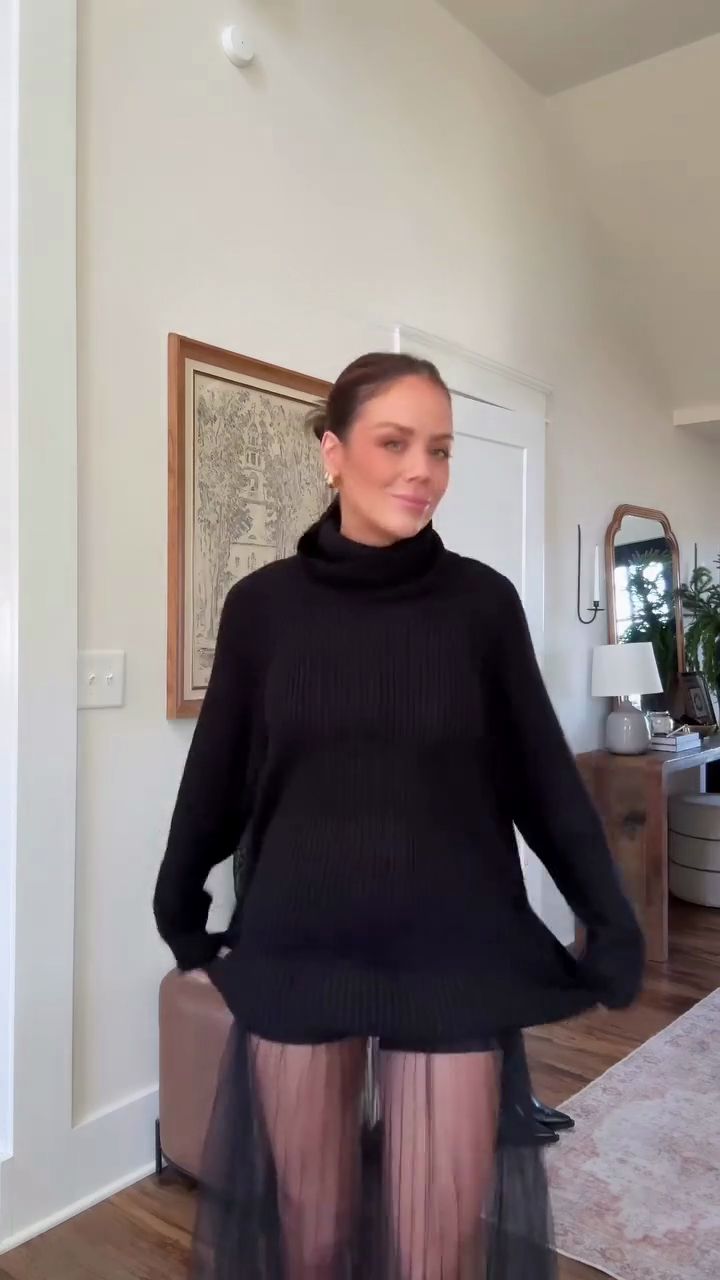 Black oversized turtleneck sweater and sheer long skirt set-Mesadic