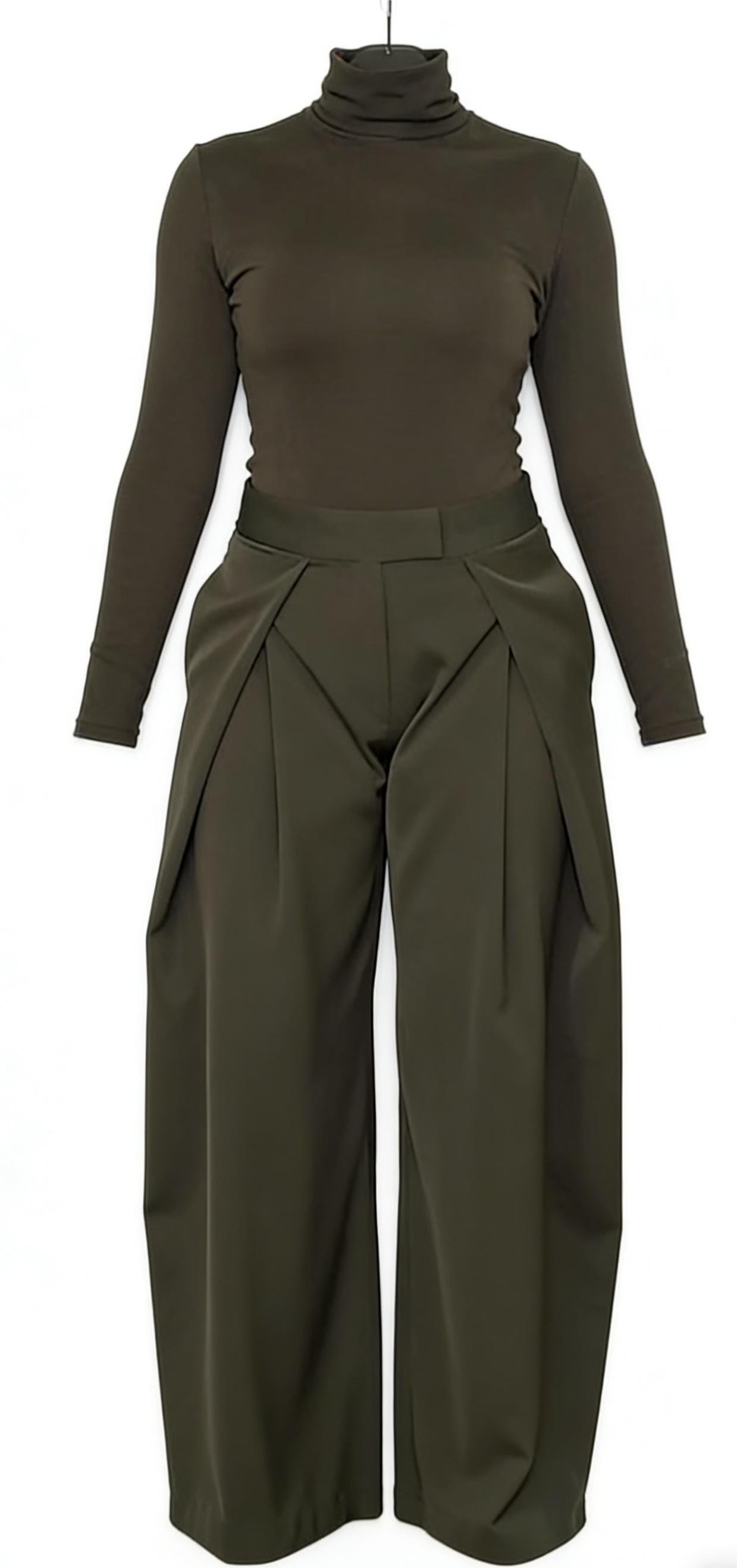 Dark olive green fitted turtleneck top and pleated wide-leg pants suit-Mesadic