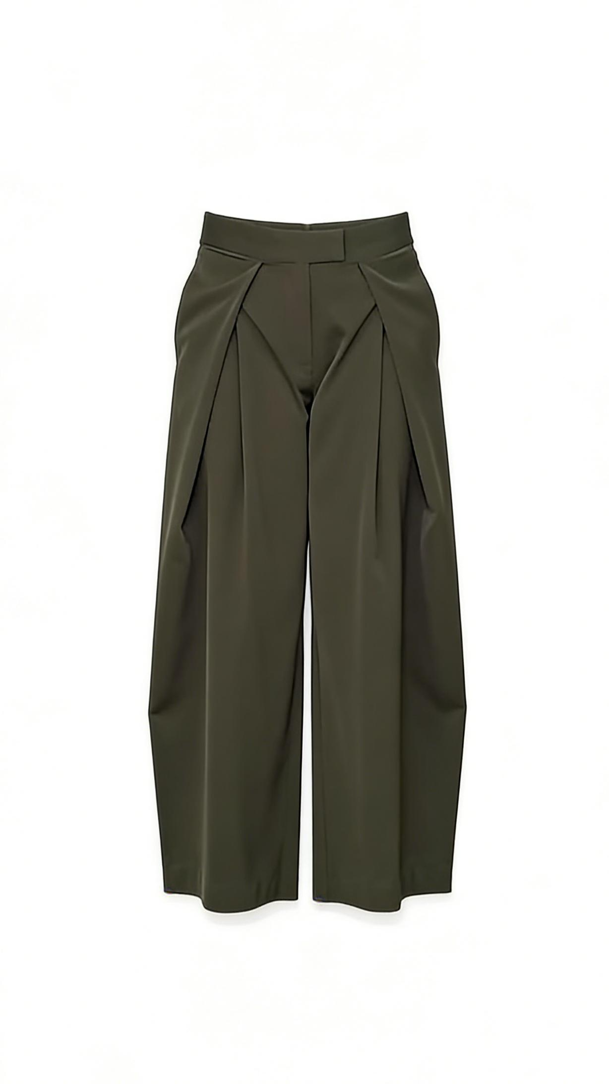Dark olive green fitted turtleneck top and pleated wide-leg pants suit-Mesadic