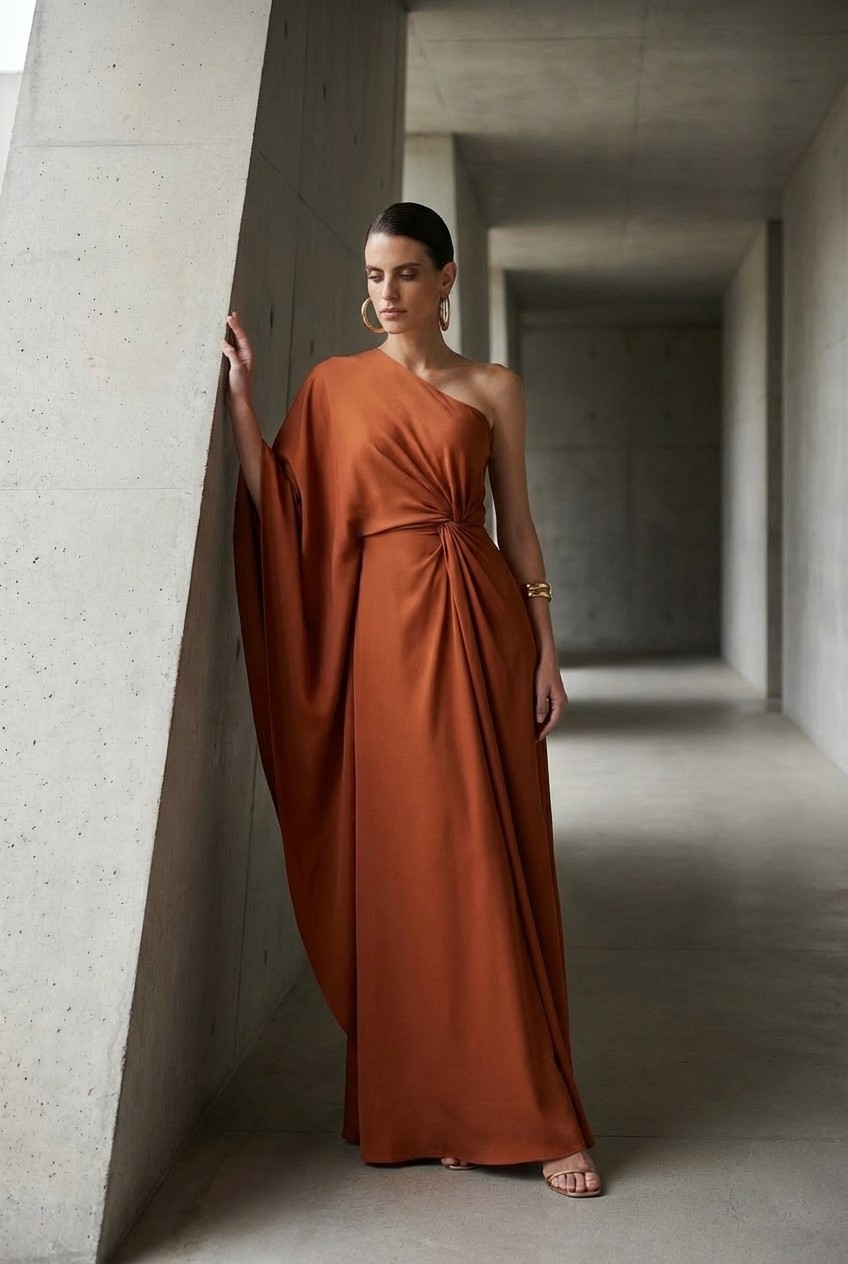 Terracotta-colored one-shoulder pleated maxi dress