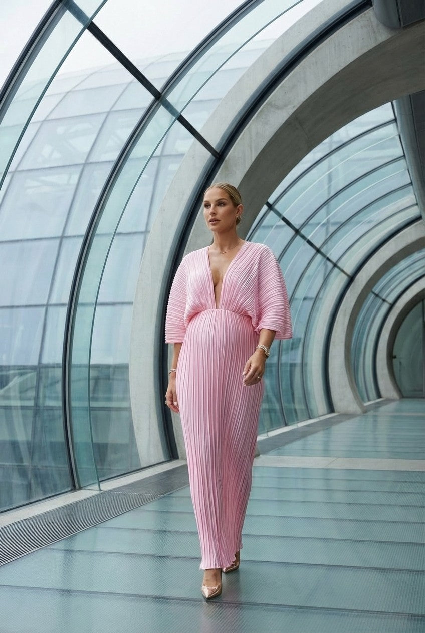 Pink Pleated Plissé Maxi Dress