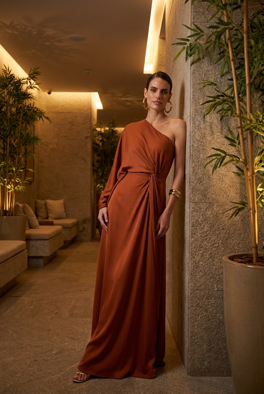 Terracotta-colored one-shoulder pleated maxi dress