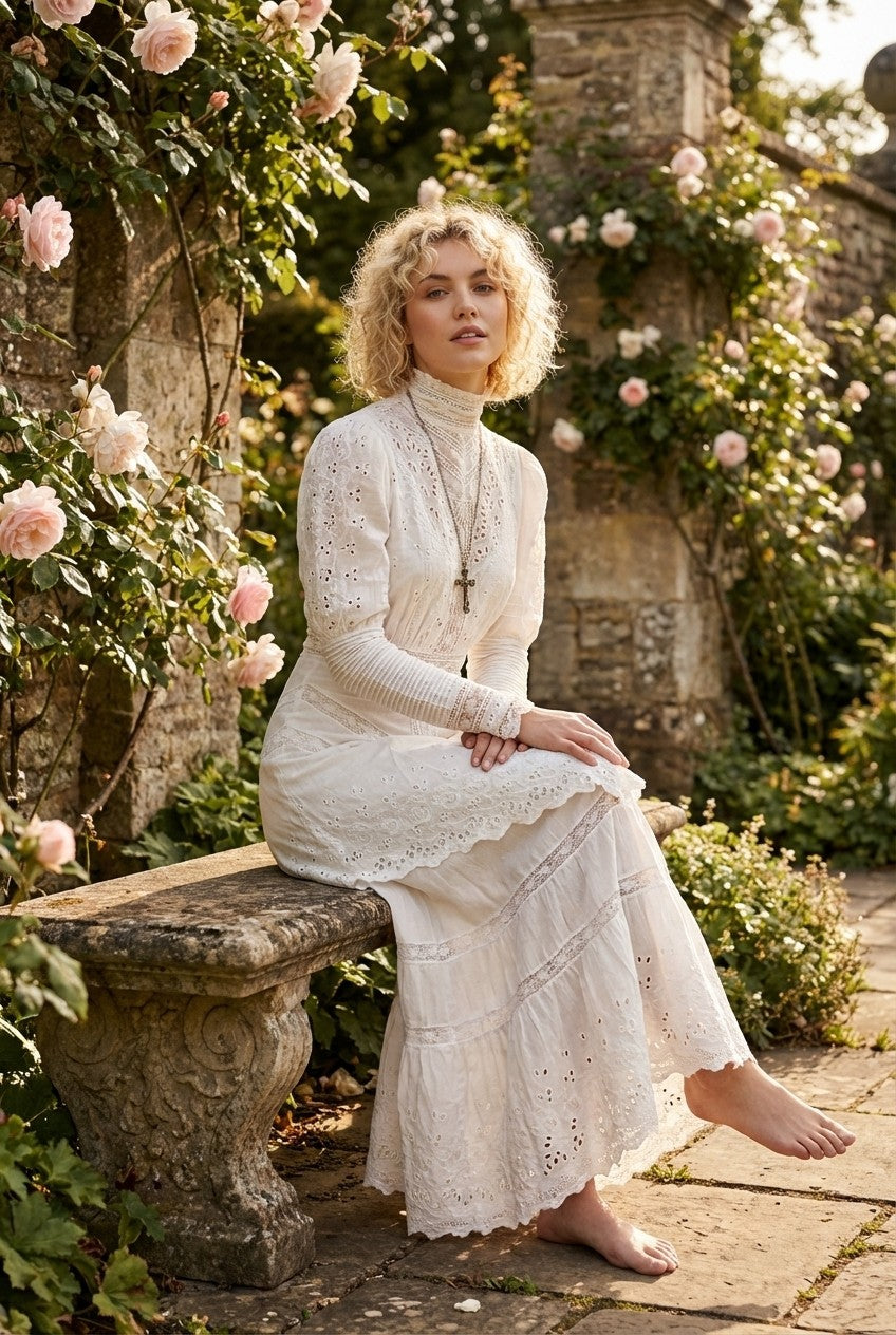 Women's Victorian Eyelet Lace Maxi Dress High Neck Romantic Vintage Style