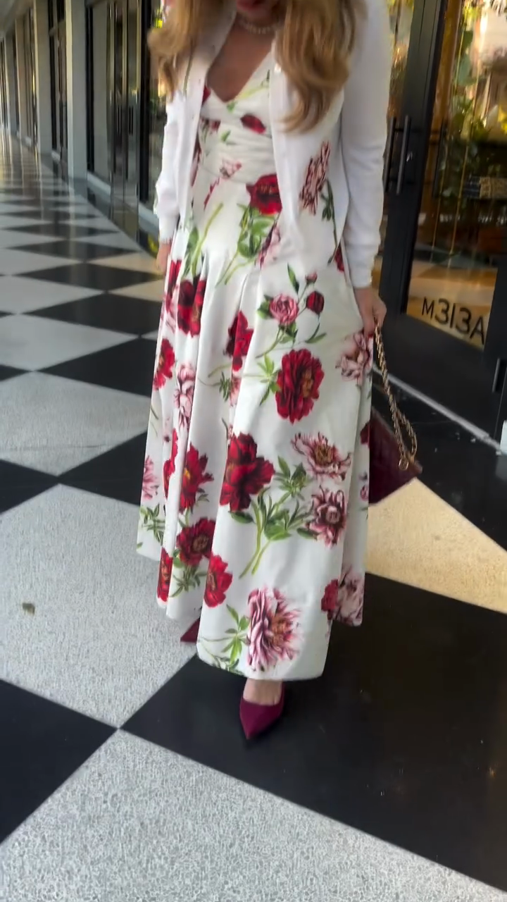 Red floral maxi dress and white knit cardigan set-Mesadic