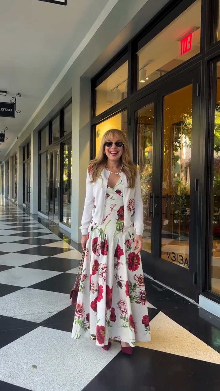 Red floral maxi dress and white knit cardigan set-Mesadic