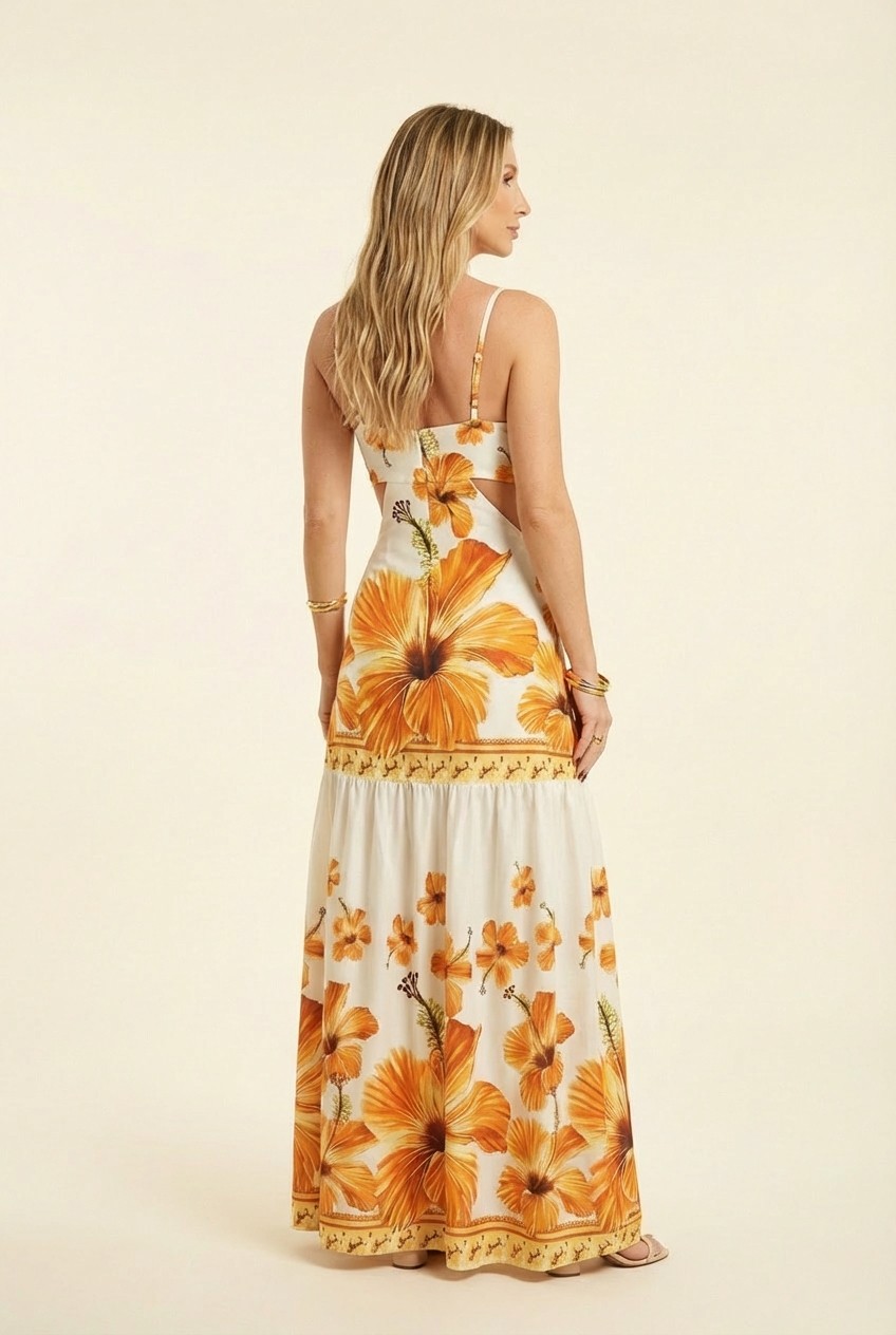 White and orange hibiscus flower cutout long dress