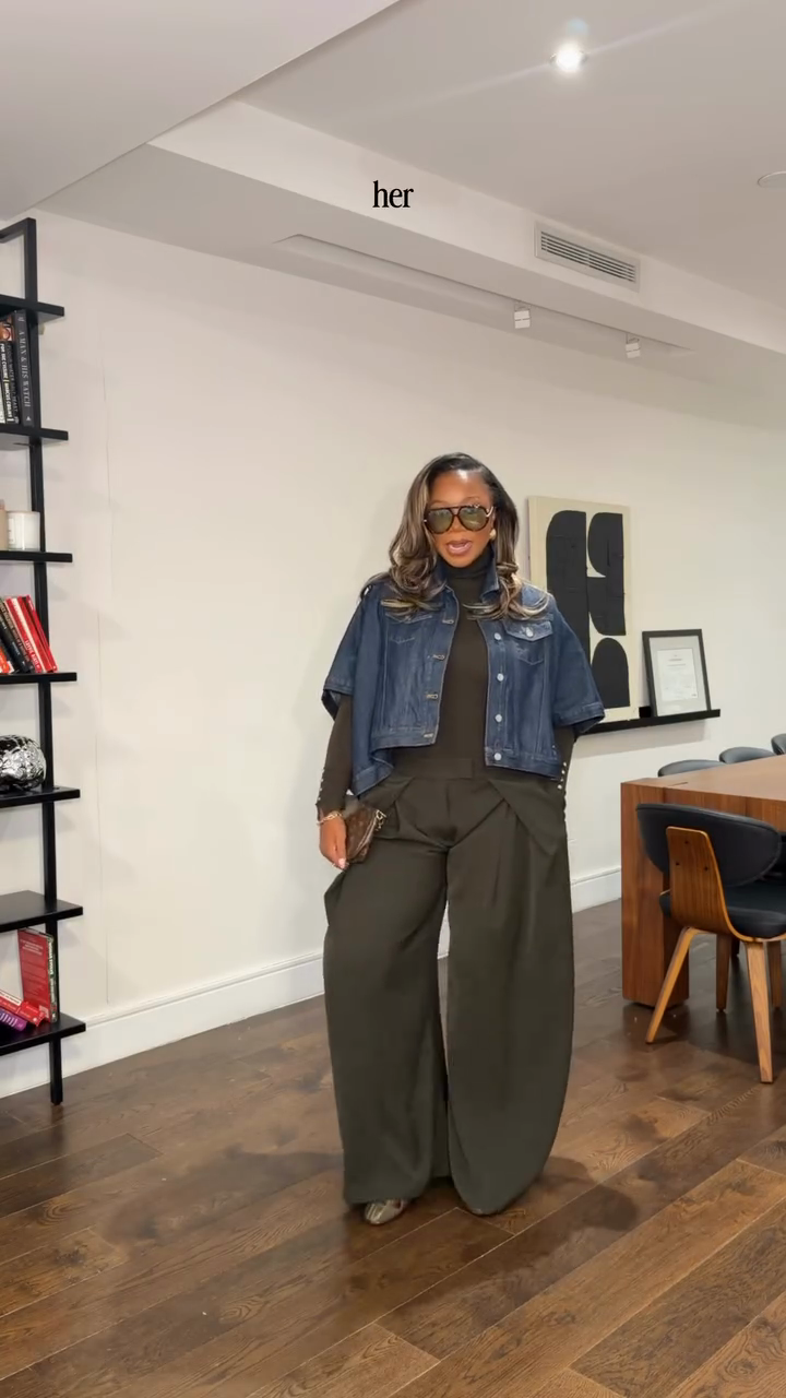 Dark olive green fitted turtleneck top and pleated wide-leg pants suit-Mesadic