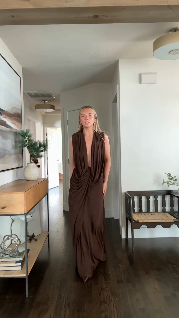 Chocolate brown tie-waist deep V-neck long dress-Mesadic