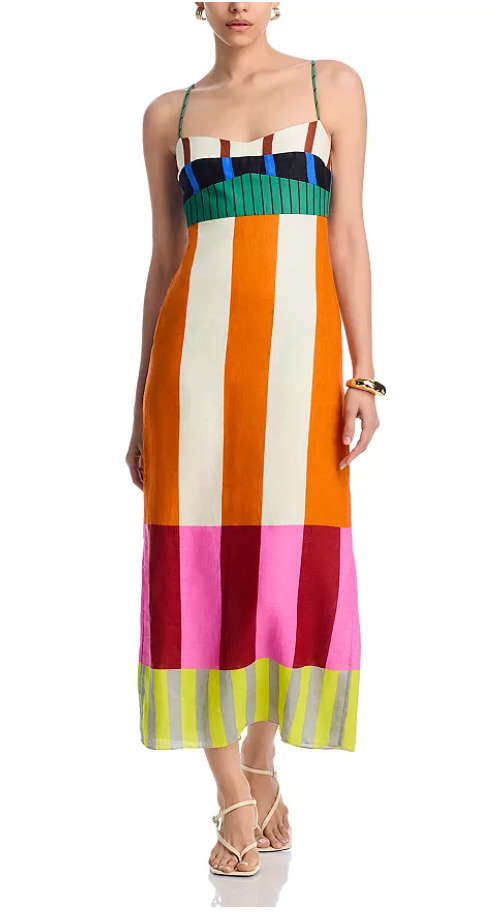 Color-blocked striped backless midi dress-Mesadic