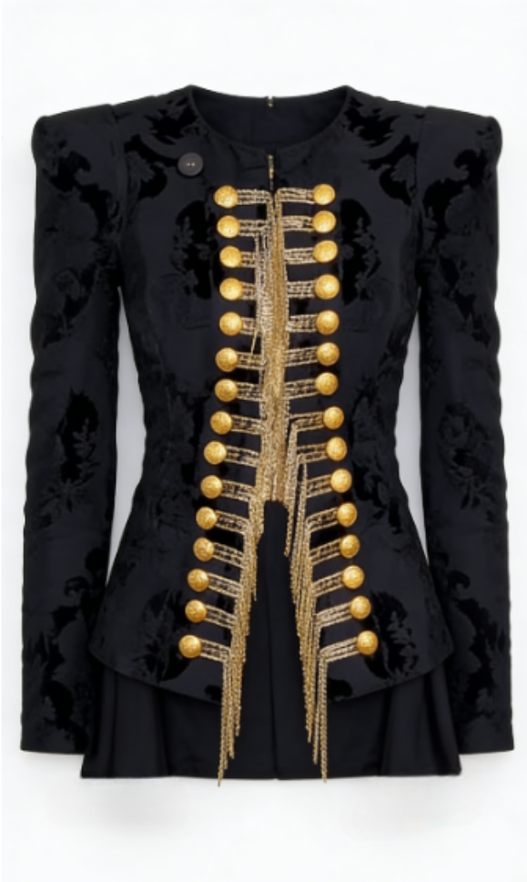 Black velvet military-style embellished suit jacket-Mesadic