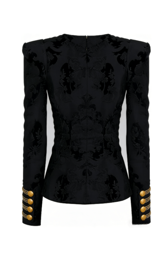 Black velvet military-style embellished suit jacket-Mesadic