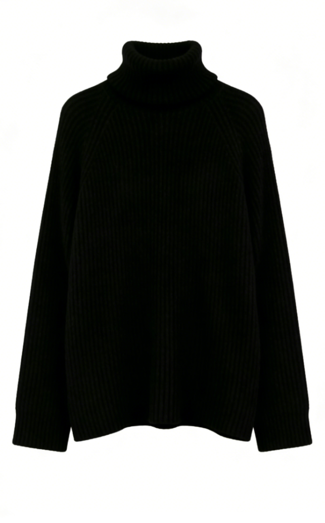 Black oversized turtleneck sweater and sheer long skirt set-Mesadic