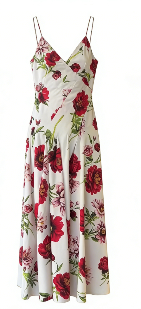 Red floral maxi dress and white knit cardigan set-Mesadic