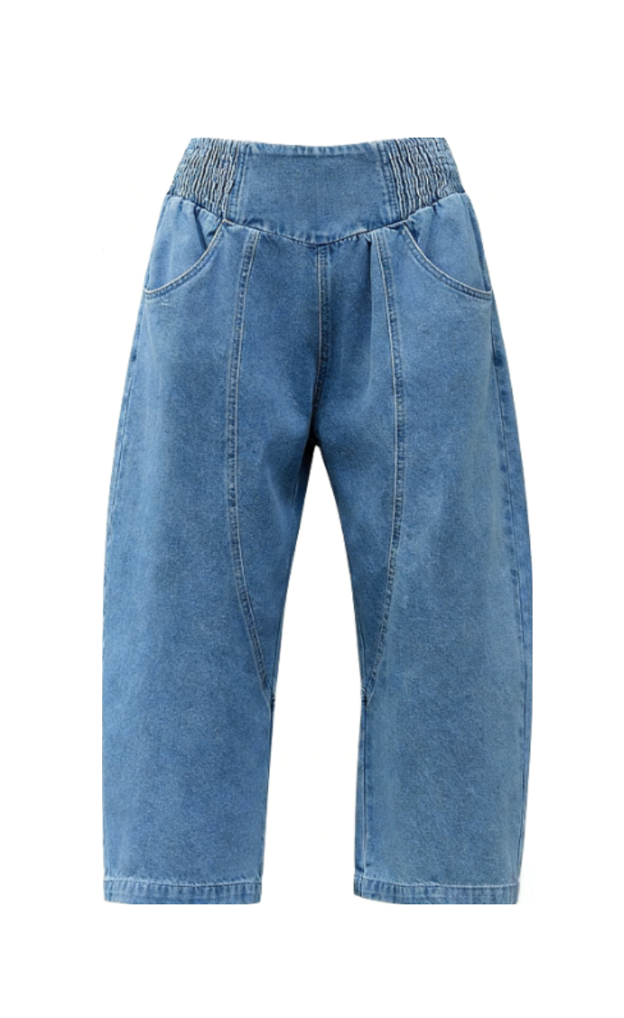 Dark blue stretch waist lantern pants-Mesadic