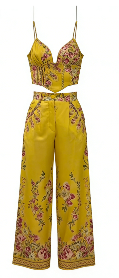 Gold floral print top and wide-leg pants set