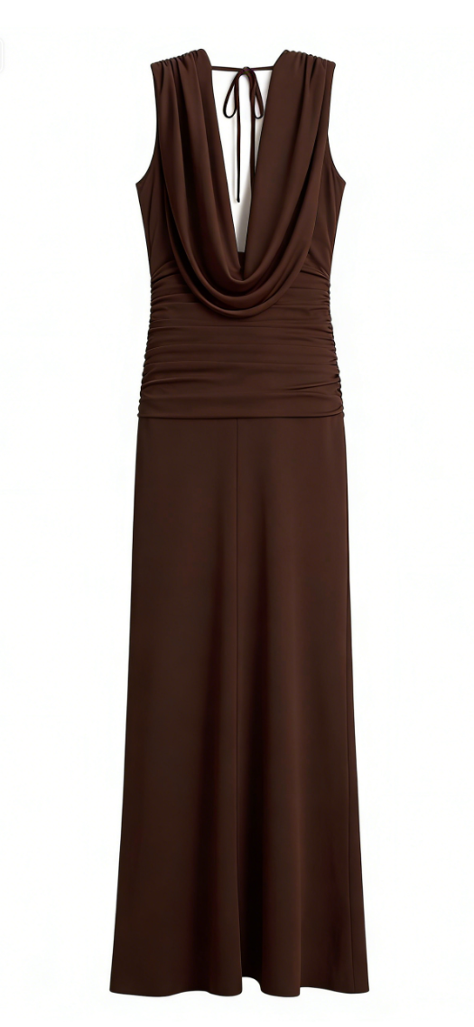 Chocolate brown tie-waist deep V-neck long dress-Mesadic