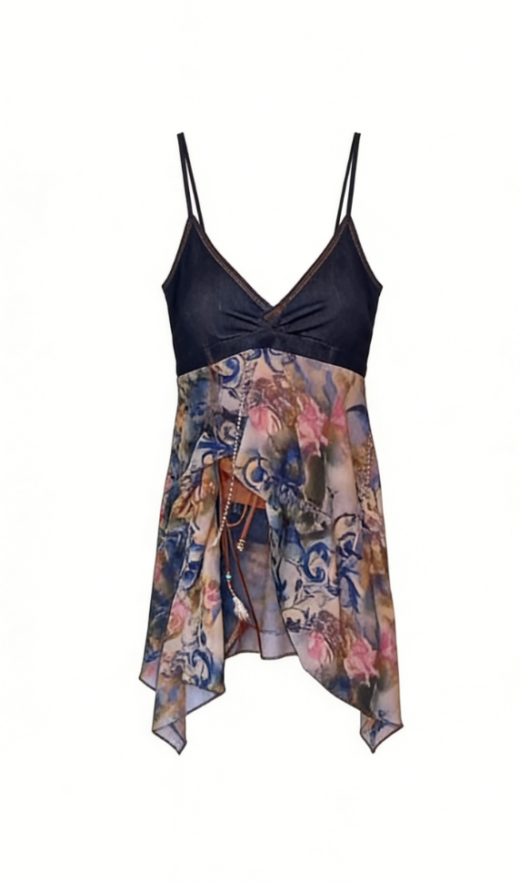 Dark denim and watercolor floral chiffon camisole-Mesadic