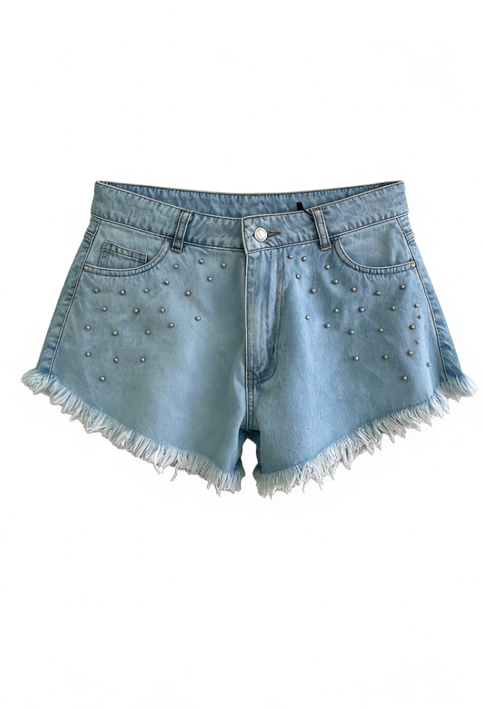 Light-colored washed denim studded shorts-Mesadic