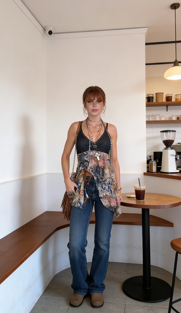 Dark denim and watercolor floral chiffon camisole-Mesadic