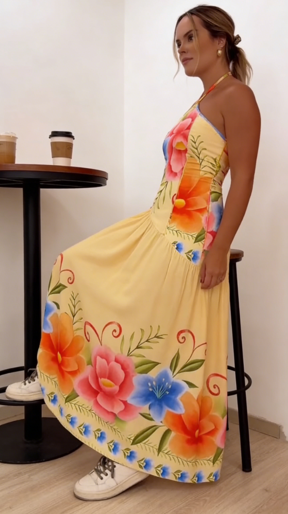 Bright yellow hand-painted floral dress-Mesadic