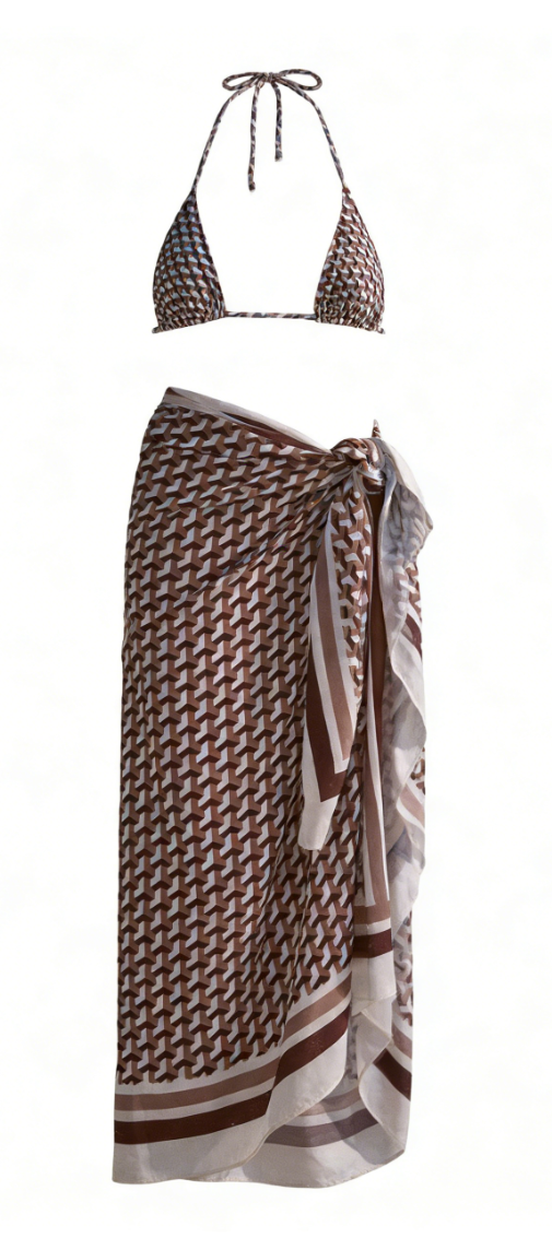 Brown and white geometric print bikini sarong set-Mesadic
