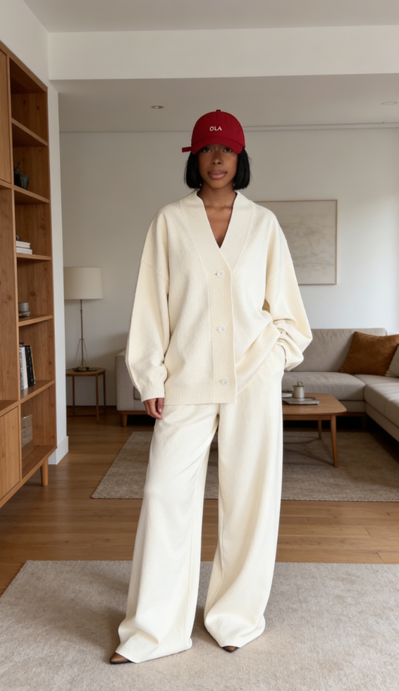 Ivory loose-fitting knit sweater and wide-leg pants set-Mesadic