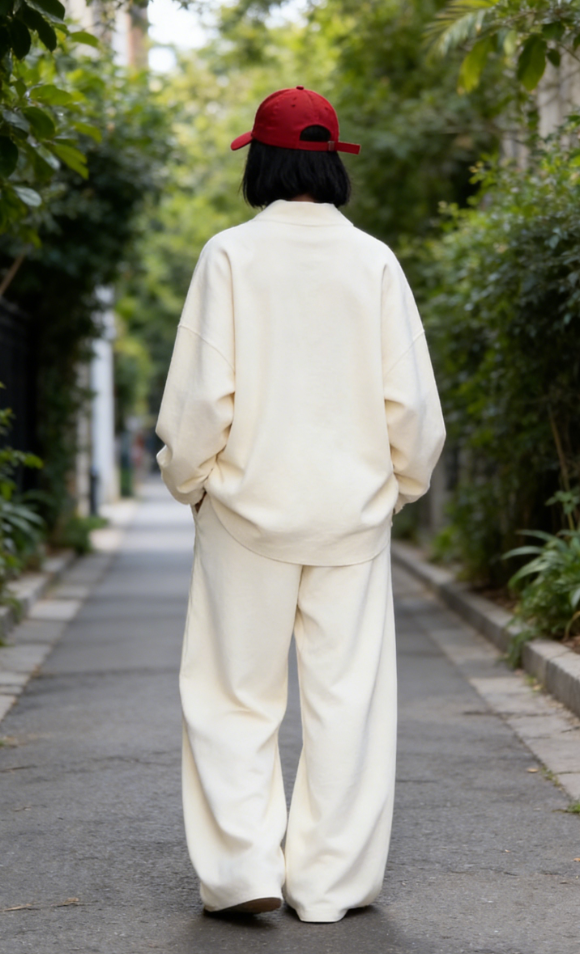 Ivory loose-fitting knit sweater and wide-leg pants set-Mesadic