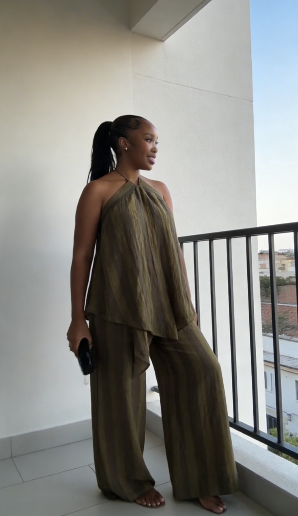 Olive green pleated backless top and wide-leg pants set-Mesadic