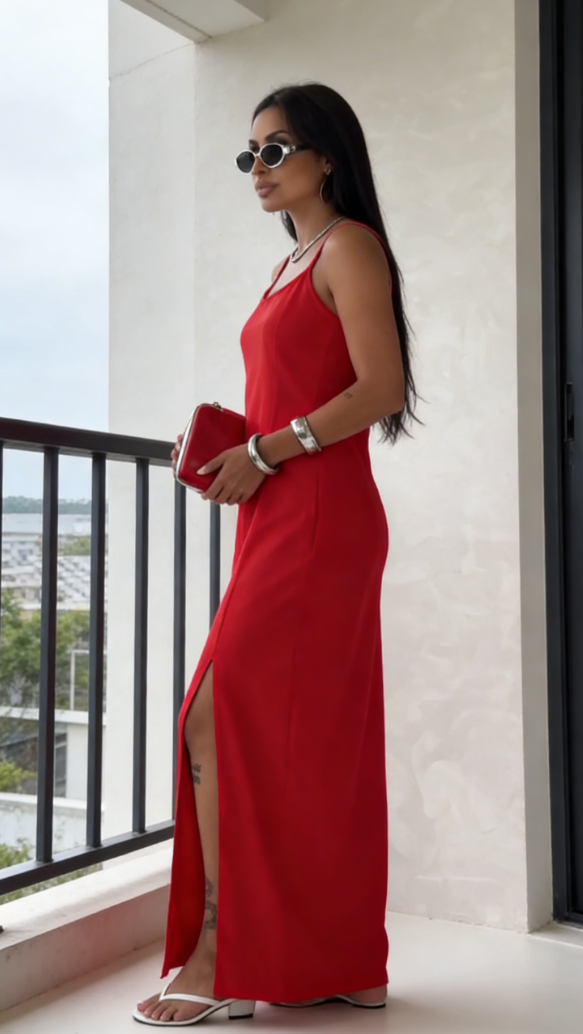 Solid color sleeveless spaghetti strap maxi dress-Mesadic