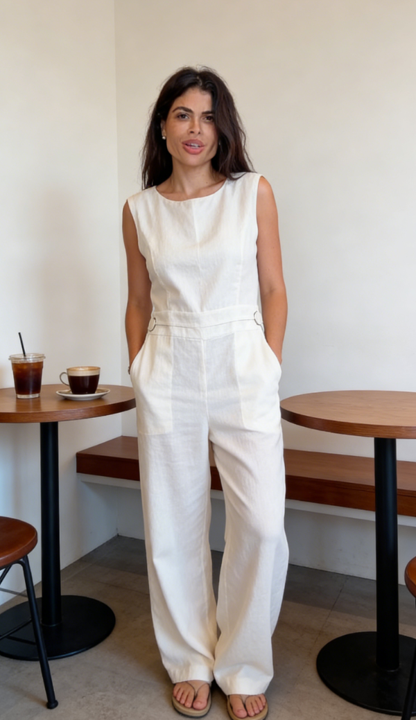 Linen blend sleeveless wide-leg jumpsuit-Mesadic