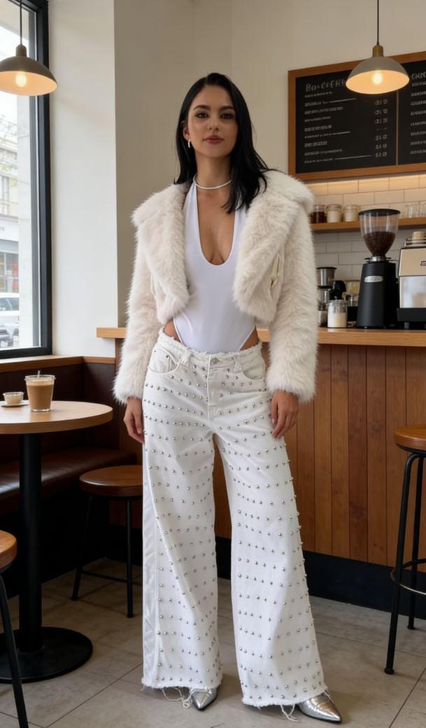 White studded wide-leg jeans