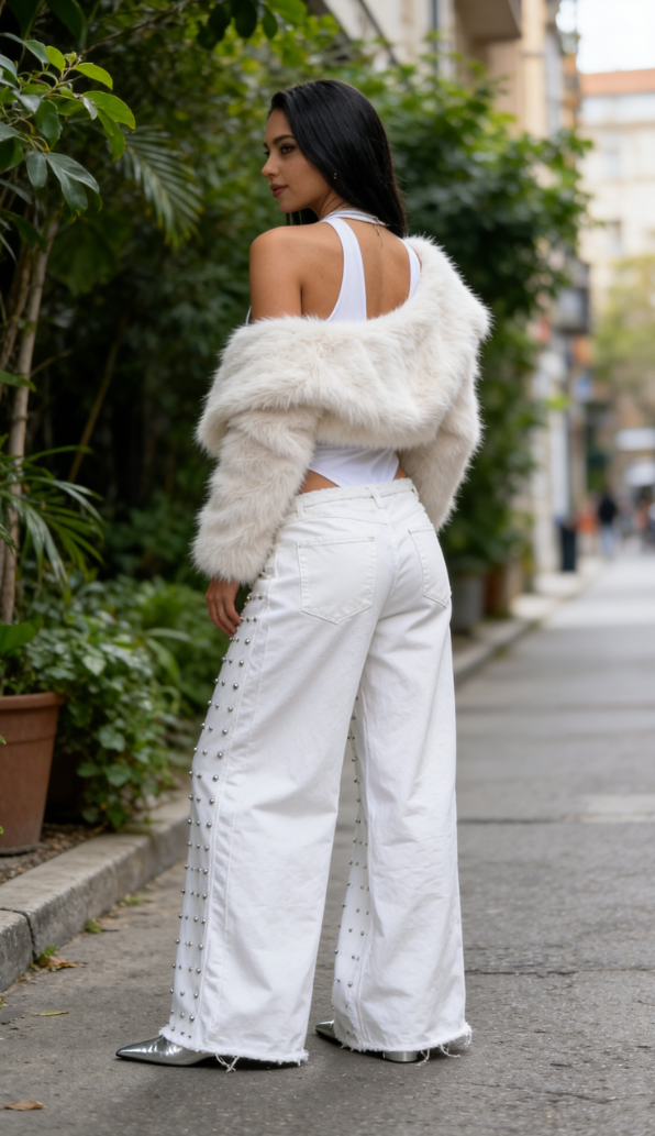 White studded wide-leg jeans