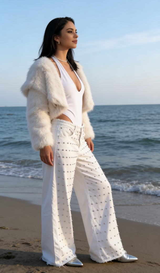 White studded wide-leg jeans