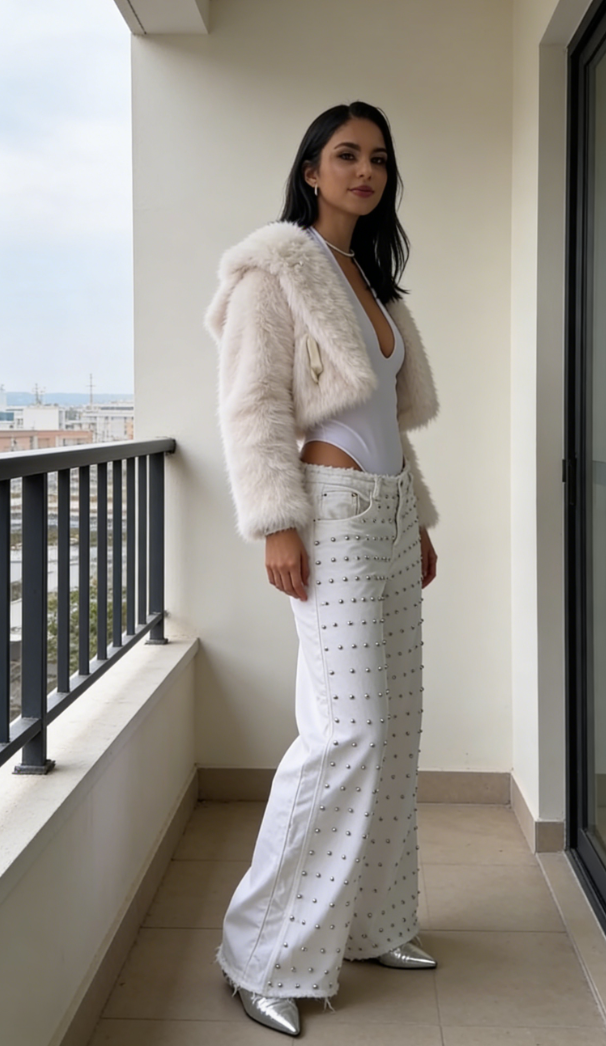 White studded wide-leg jeans