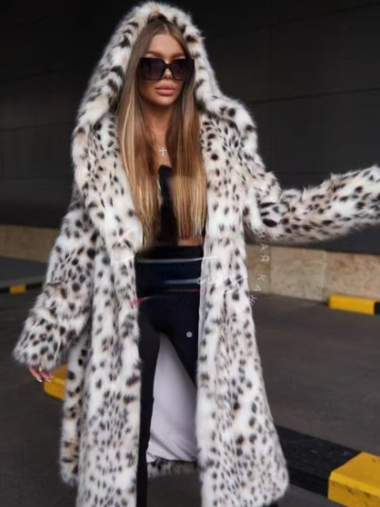Leopard print faux fur long coat-Mesadic