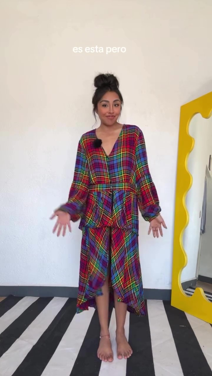 Women's Rainbow Plaid V-Neck Peplum Blouse and Wide Leg Pants Set