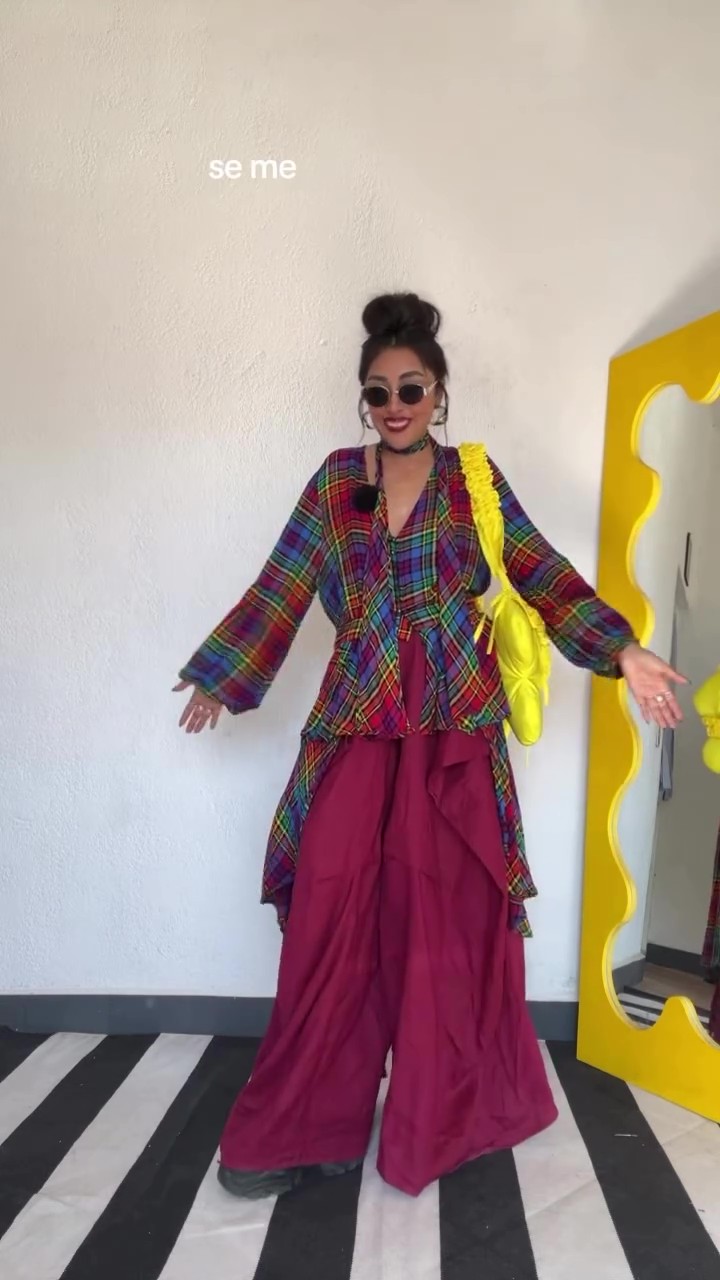 Women's Rainbow Plaid V-Neck Peplum Blouse and Wide Leg Pants Set