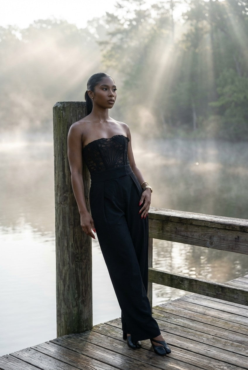 Lace Strapless Corset and High-Waisted Wide Leg Trousers Set