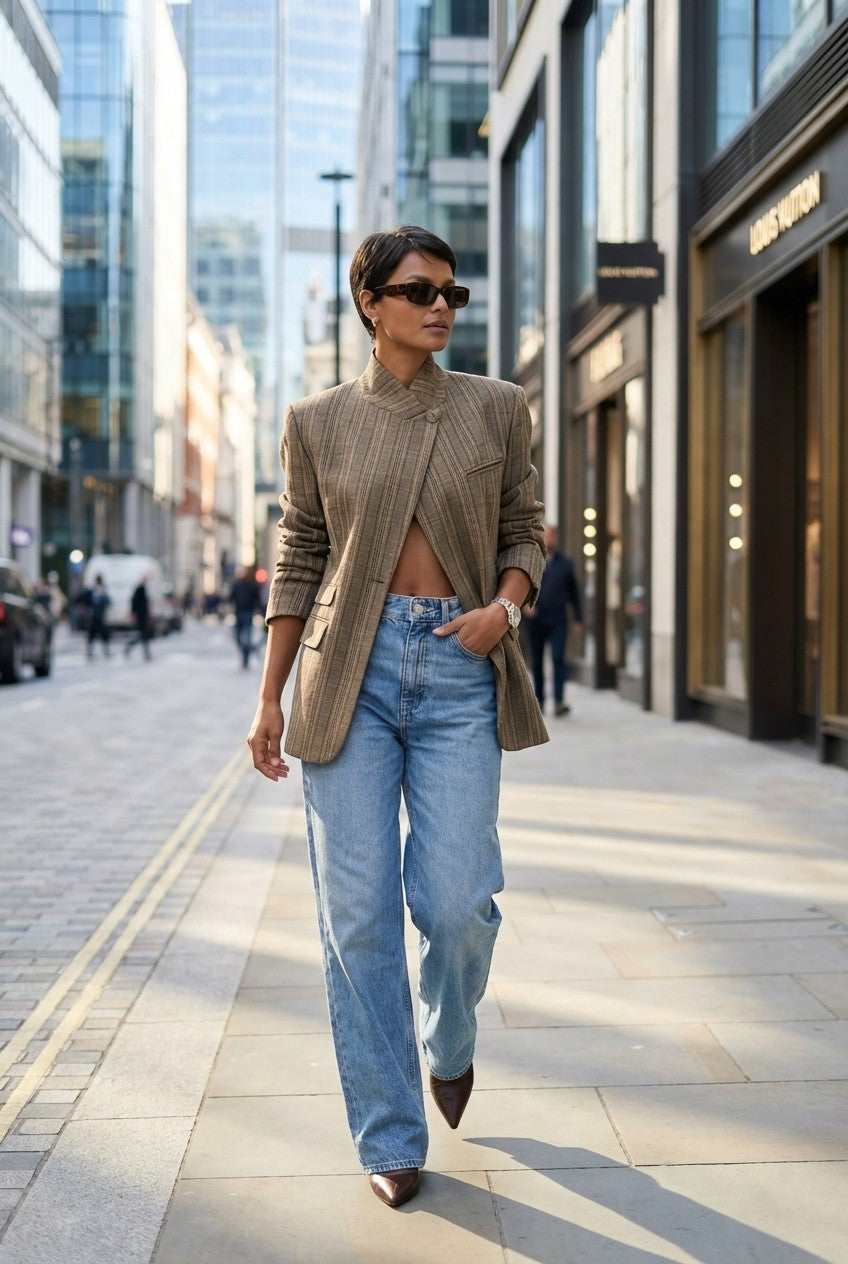 Textured Plaid Asymmetrical Blazer Stand Collar Tailored Jacket